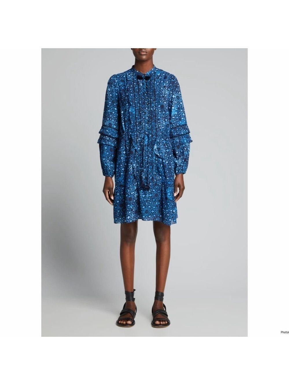 FIGUE Zellie Pleated-Ruffle Bib Blue Motif Dress Size M